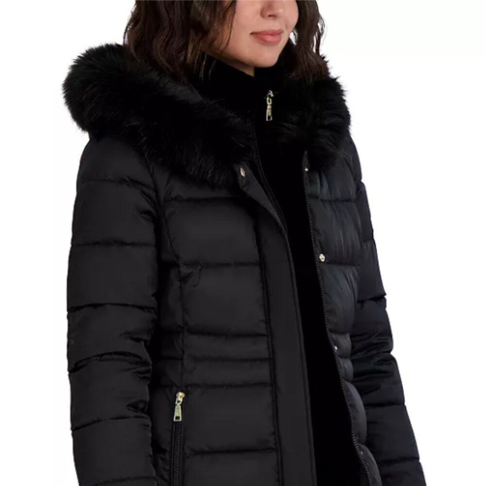 $320 - NWT-Tahari Dana Hooded Faux Fur Trim Puffer Coat - Black - XL - Picture 9 of 14